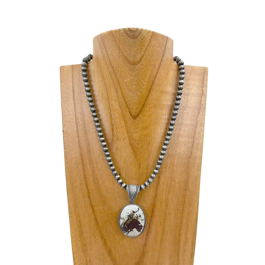 NKZ231209-27         15 inches silver Navajo pearl beads with oval cowboy pendent Necklace: SILVER