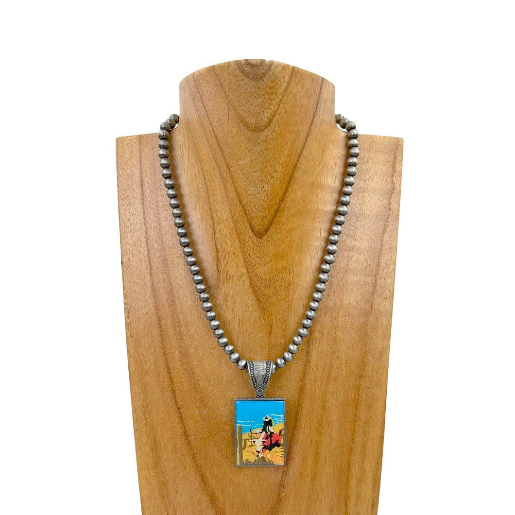 NKZ231209-29         15 inches silver Navajo pearl beads with triangle cowboy pendent Necklace: SILVER