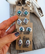 Load image into Gallery viewer, Western Hand Stone Aztec Post Earrings - turquoise pink: STYLE 1 - OVAL TURQUOISE
