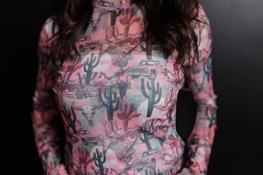 Country Road LS Mesh Top: Pink / M