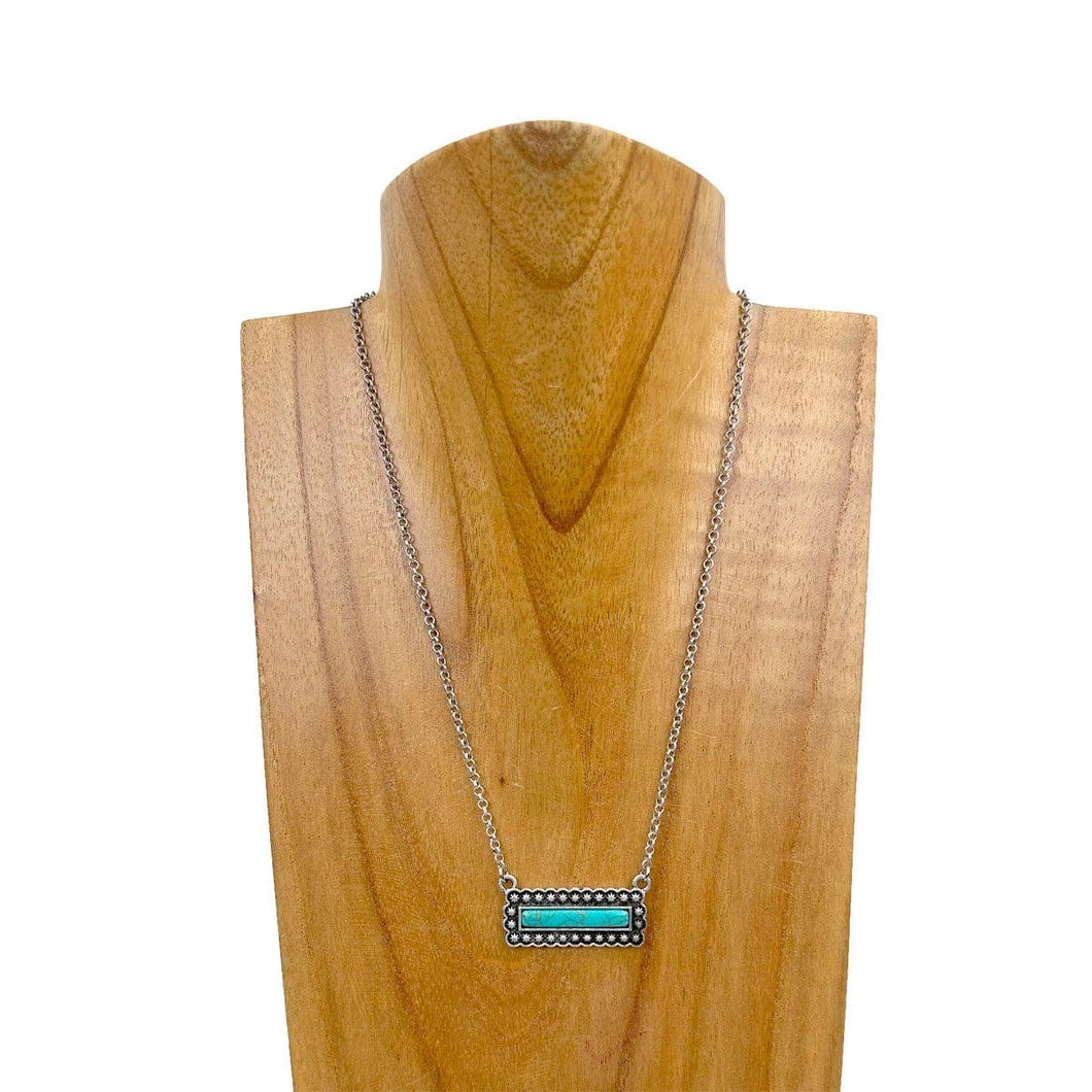 NKY220530-08-SLIVER-BLUE                        16 inches silver metal chain with rectangle blue turquoise stone pendant Necklace