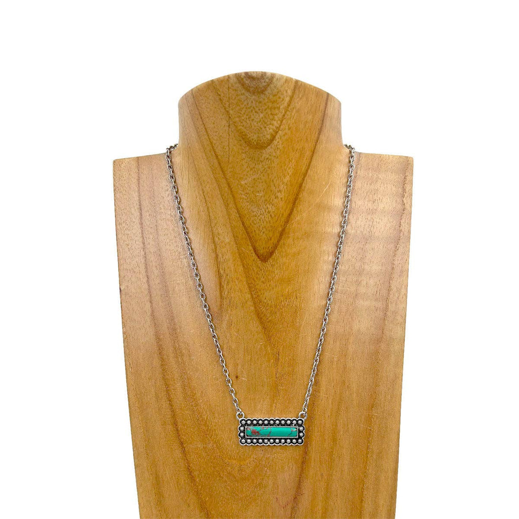 NKY220530-08-SLIVER-GREEN                 16 inches silver metal chain with rectangle green turquoise stone pendant Necklace