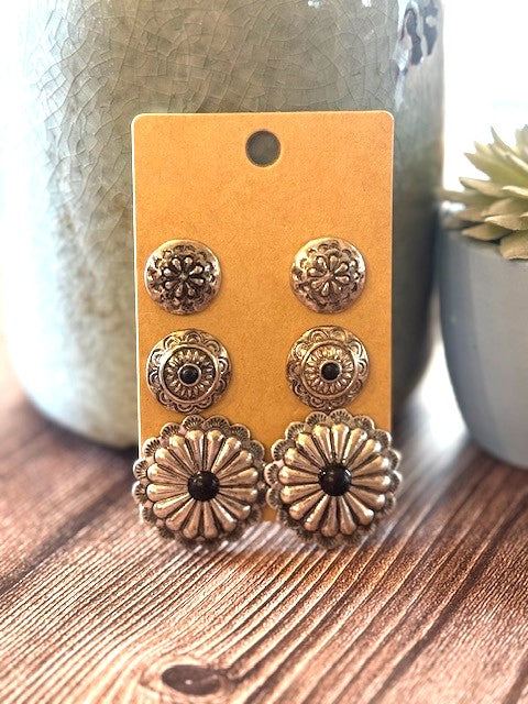 Concho with black stone 3 earring set
