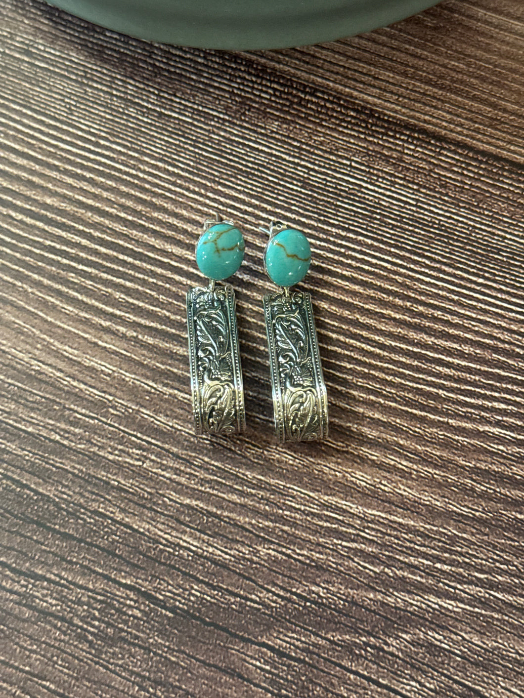 Folded Stamped Turquoise Post Dangle Earrings