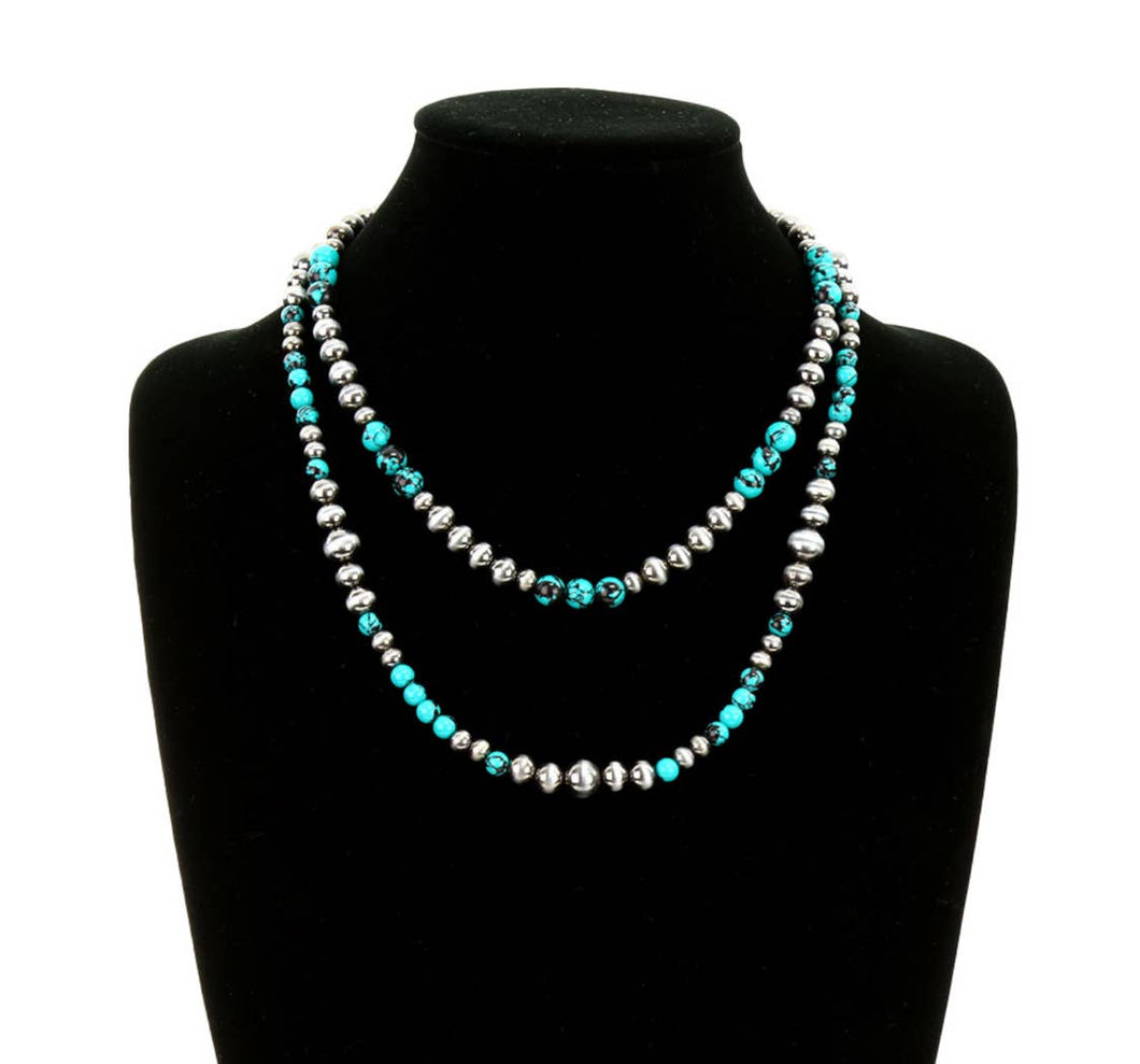 Western 2 Layer Navajo Style Pearl Necklace: SILVER\ TURQUOISE