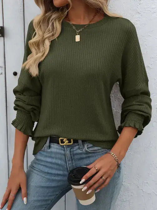 Long-Sleeved Ribbed Sweater - Army Green