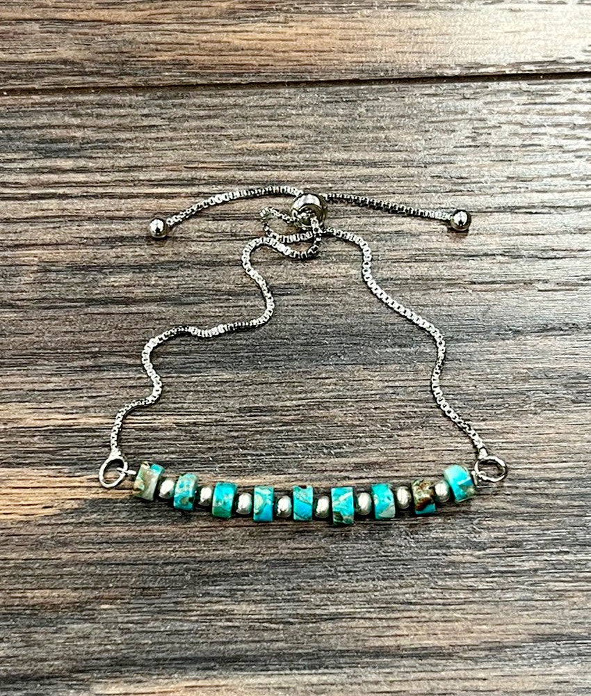 Adjustable Turquoise Gemstone and Navajo Bead Bracelet