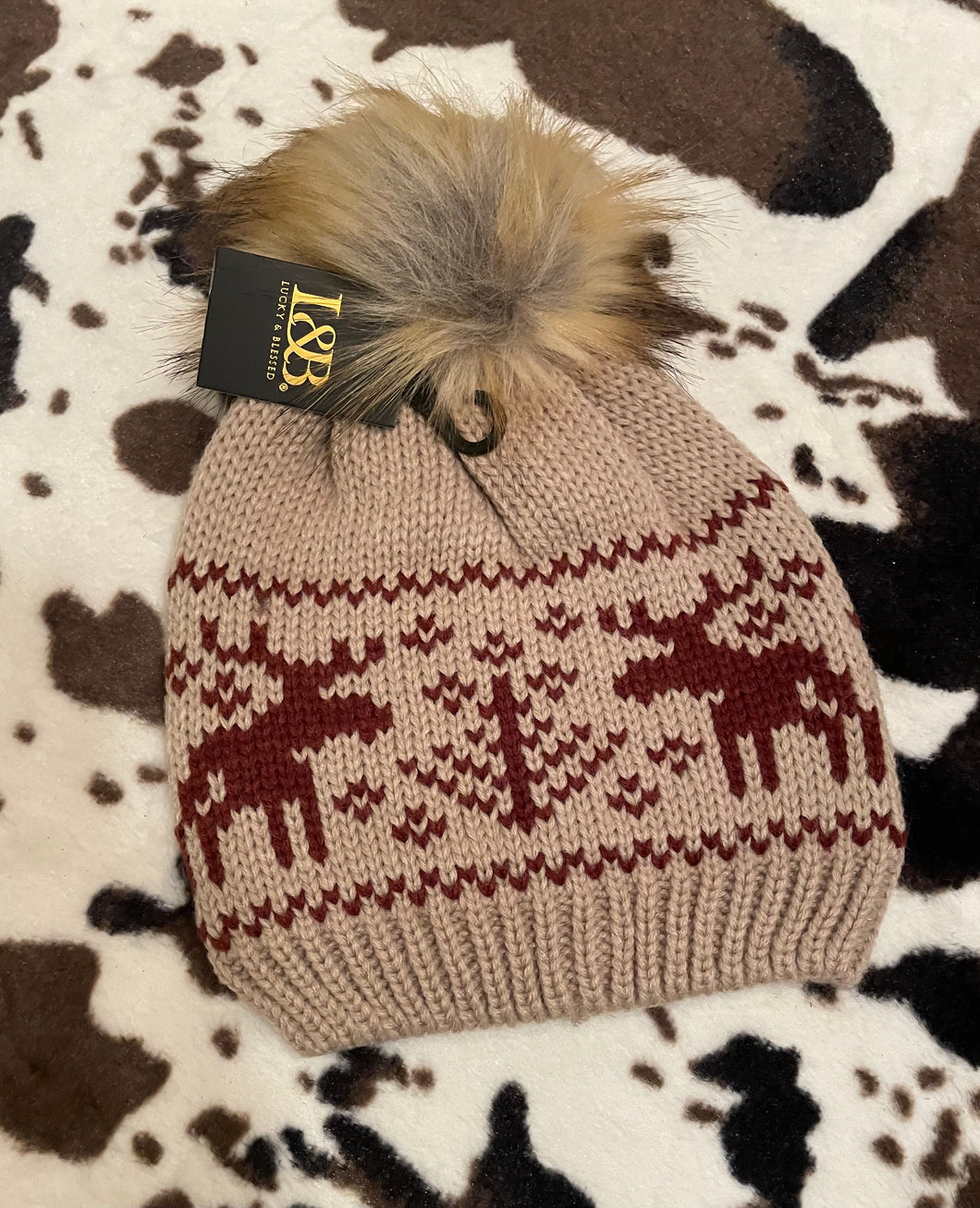 Cream and Maroon Fur Pom Stocking Hat