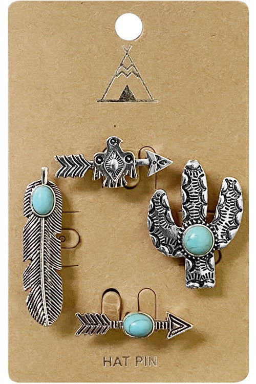 Cactus and Feather Hat Pins - 4 Piece Set