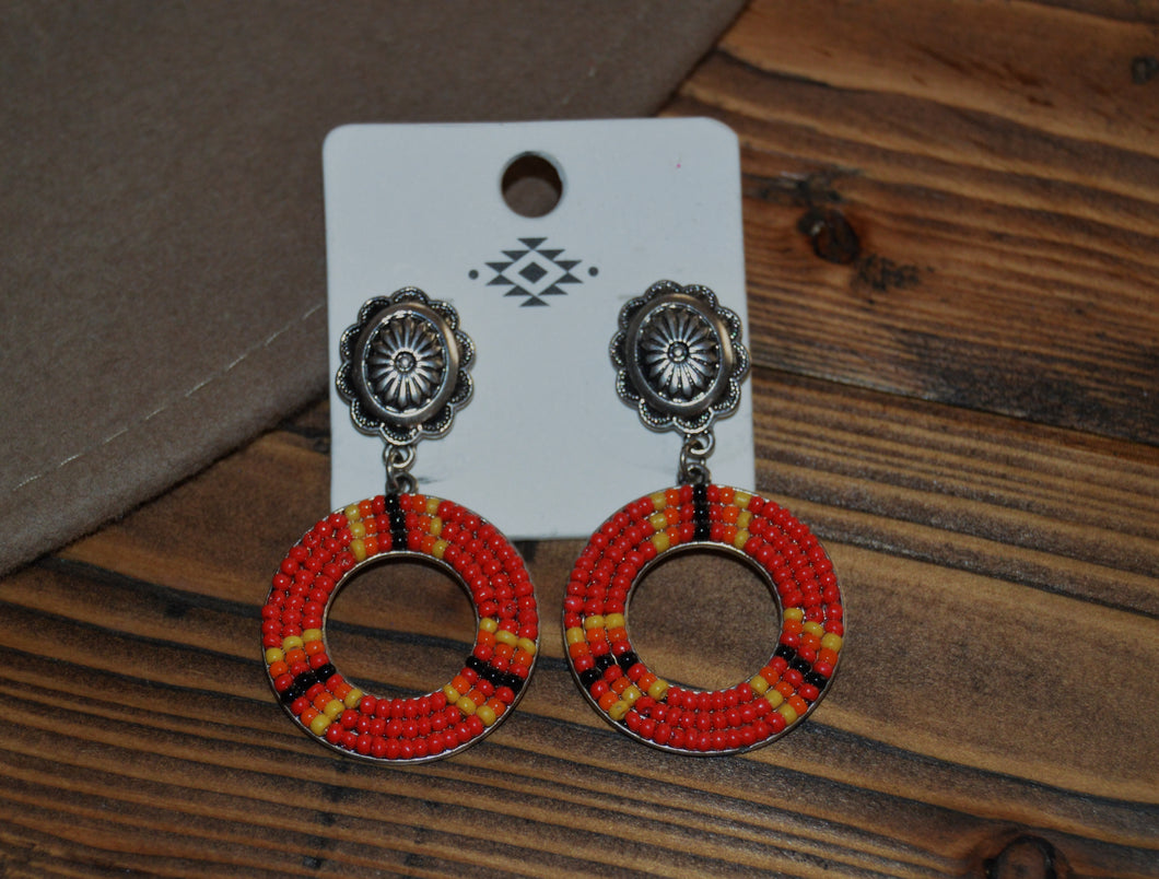 Concho and Red Beaded Earrings