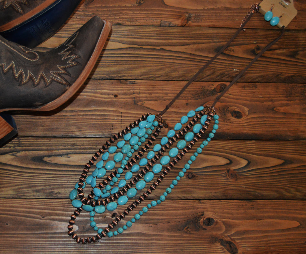 Turquoise and Bronze Necklace with Turquoise Earrings