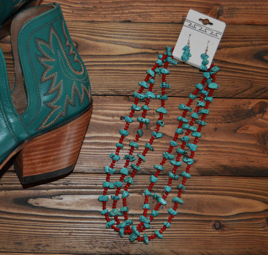 Turquoise and Red Necklace with Turquoise Earrings