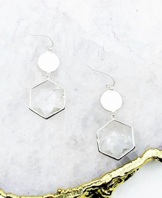 Silver Faceted Hexagon Stone Drop Earrings